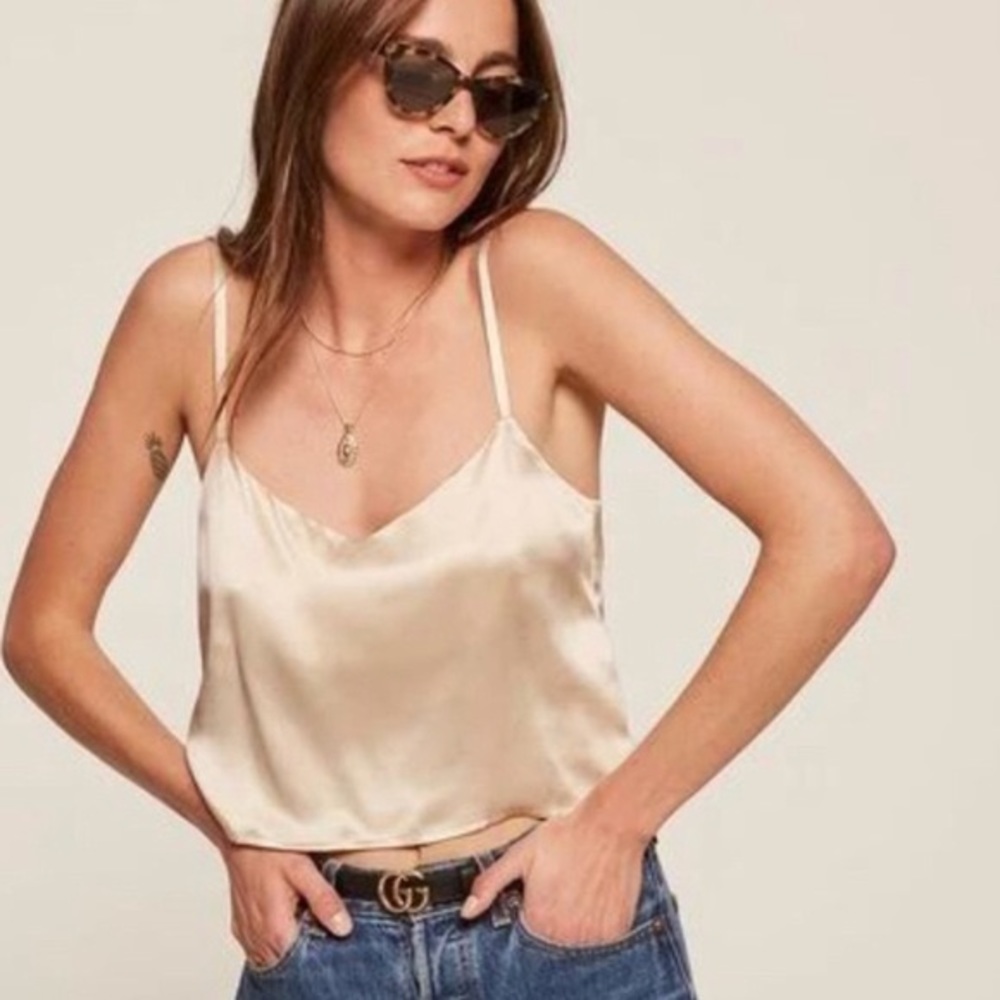 REFORMATION silk crop top beige